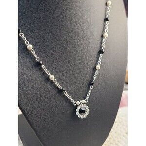 Vintage Marvella Black Pearl Necklace 18" Rhinestone Pendant Korea